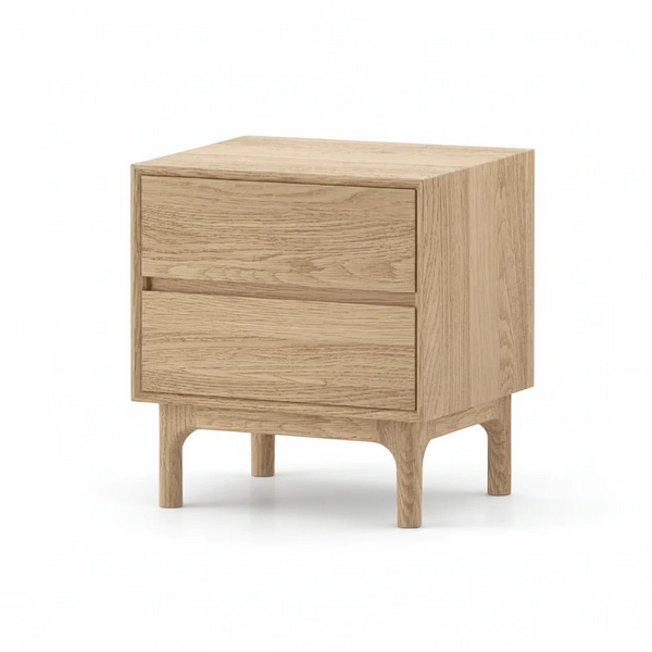 A light oak wood two-drawer nightstand with a mid-century modern design, featuring tapered legs and a clean finish, shown on a plain white background.