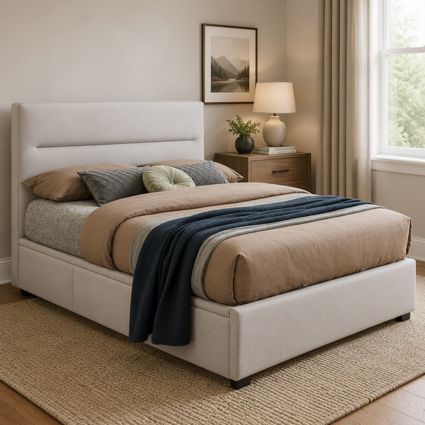 Hagan Lift Bed in Beige Fabric Lifestyle