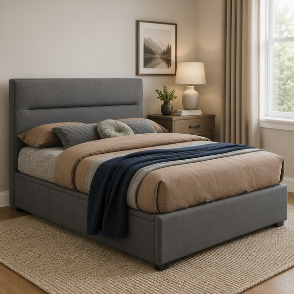 Hagan Lift Bed in Dark Grey Fabric Lifestyle