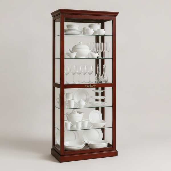 A tall, narrow wooden display cabinet with glass shelves, shown against a plain light background. The cabinet is filled with white ceramic dishes, mugs, glasses, and pitchers.