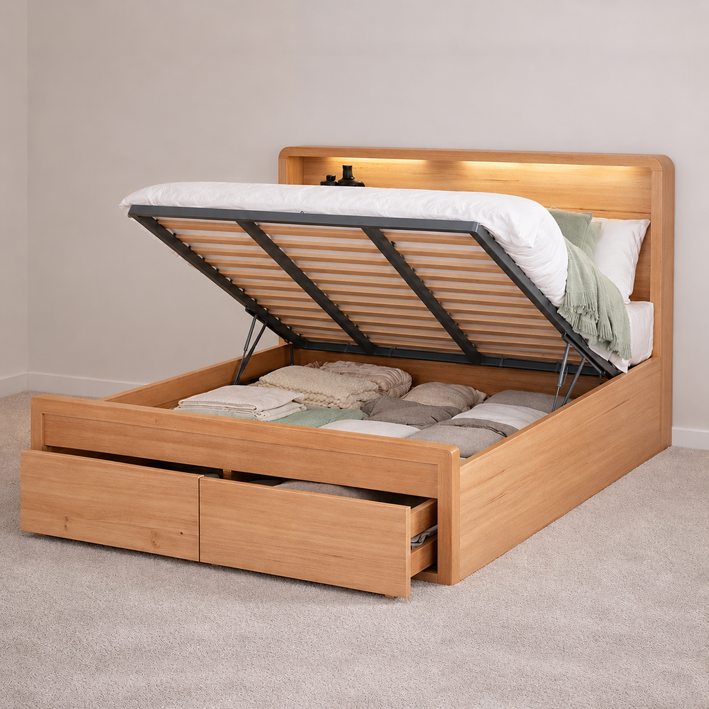 Jade Lift Up Bed Timber with Storage Drawers USB Charging and LED Lighting Hero