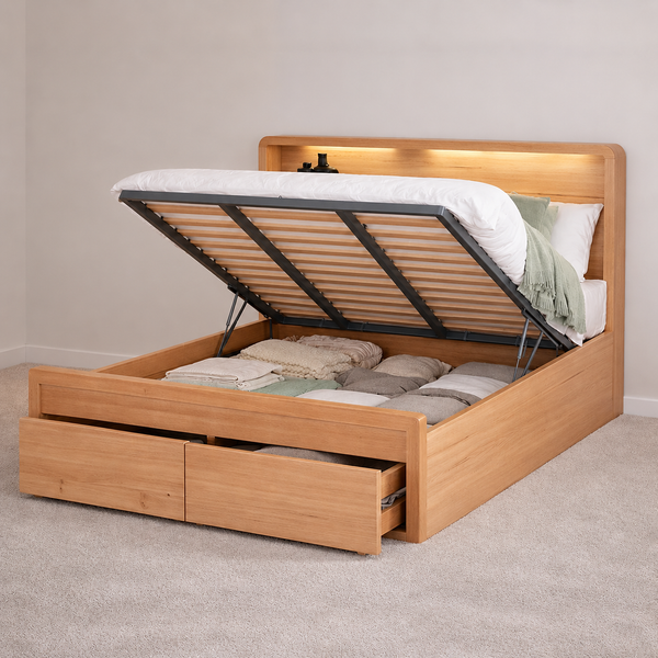 Jade Lift Up Bed Timber with Storage Drawers USB Charging and LED Lighting Hero