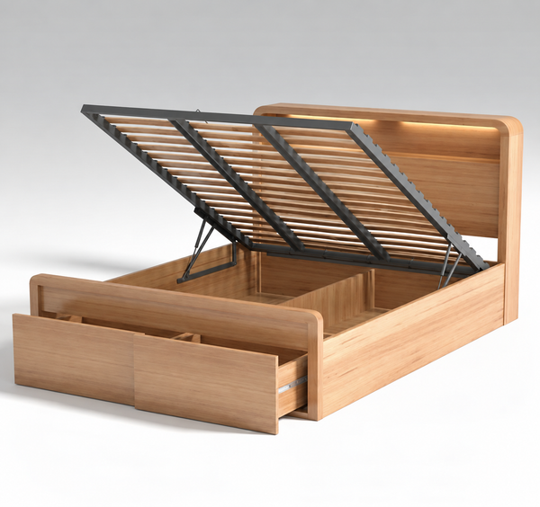 Jade Lift Up Bed Timber with Storage Drawers USB Charging and LED Lighting