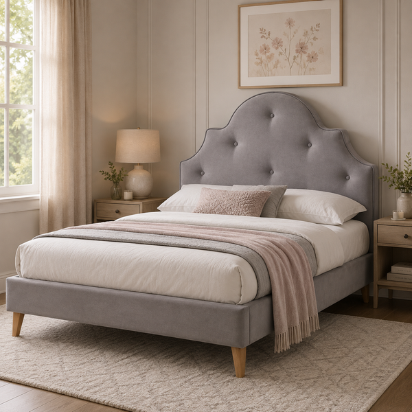 Kylie Double Bed Provincial Style  in Grey Fabric and Buttoned Bed Head Lifestyle