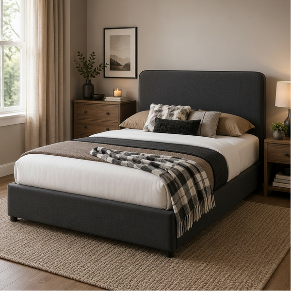 Largo Lift Bed in Charcoal Venice Fabric Bed Open Lifestyle