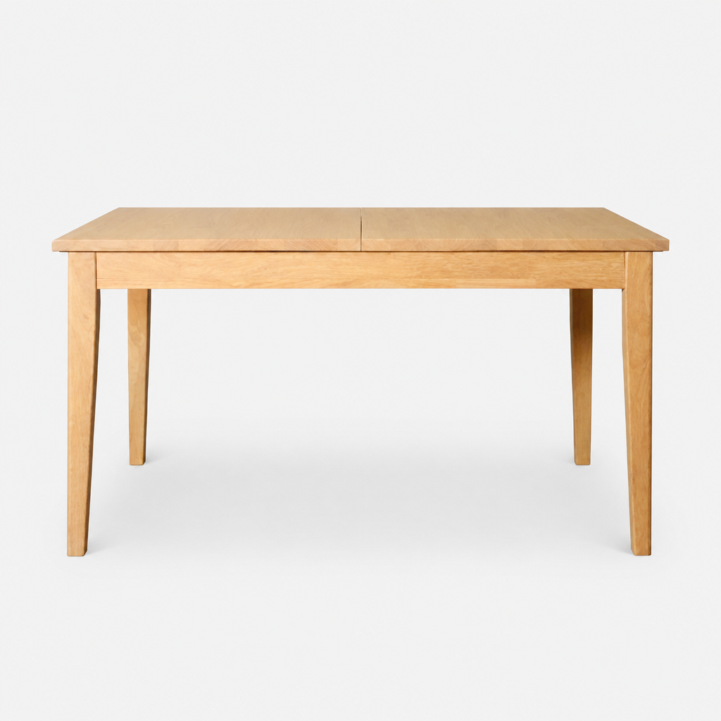 A light natural wood extendable dining table with four legs, shown from a front three-quarter angle against a plain white background.
