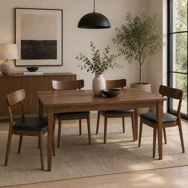 A mid-century modern dining room set featuring a rectangular wooden dining table and four matching chairs with black upholstered seats, styled in a warm, contemporary dining room with a sideboard, pendant light, and plants.