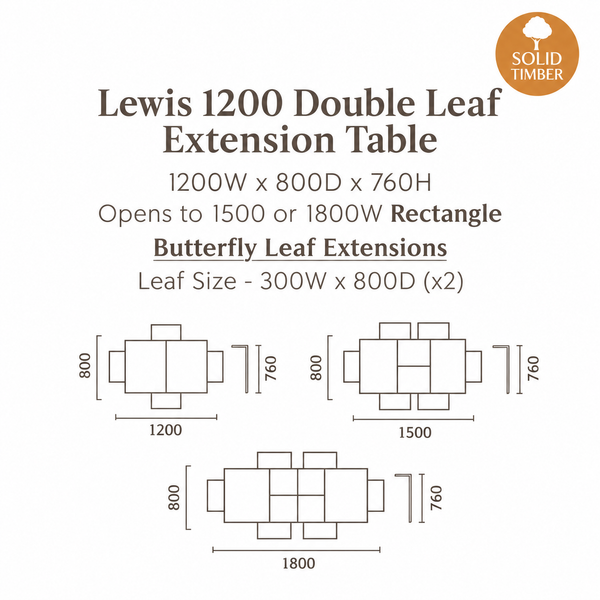 A product information graphic for the Lewis 1200 Double Leaf Extension Table. The graphic features a solid wood finish description with a 'Solid Timber' badge in the top right corner.