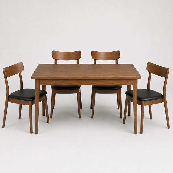A 5-piece dining set consisting of a rectangular wooden table and four matching chairs with black upholstered seats, photographed against a seamless light gray studio background.