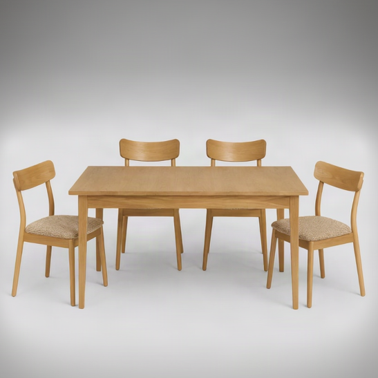 A 5-piece dining set consisting of a rectangular light oak table and four matching chairs with woven beige seat cushions, shown on a seamless light gray background.