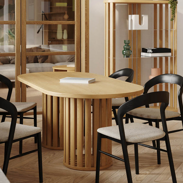 Liz Dining Table 200cm 2m American Oak Oval Shape Fluted Pedestal Base Lifestyle
