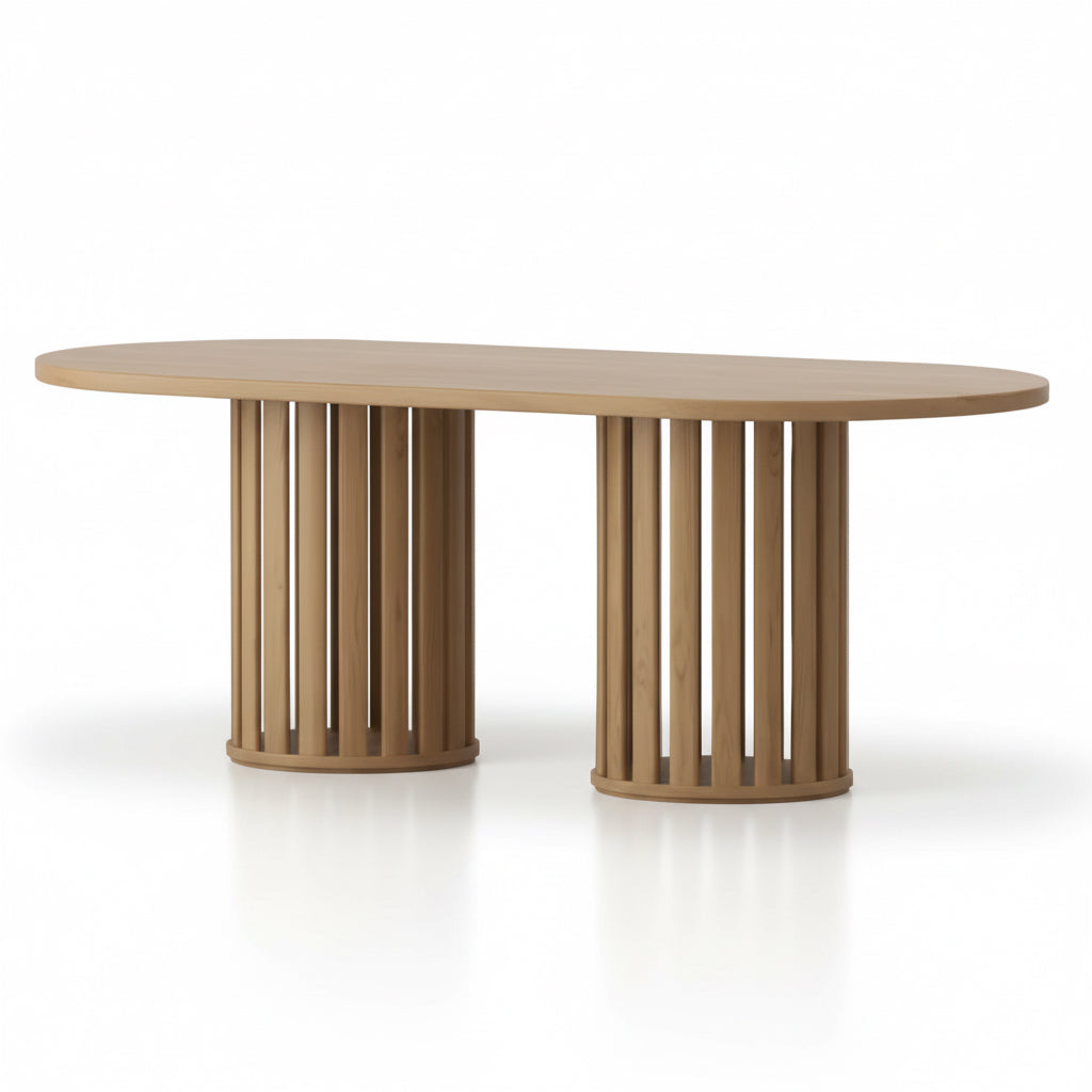 Liz Dining Table 200cm 2m American Oak Oval Shape Fluted Pedestal Base