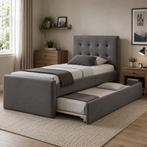 Marc Single Upholstered bed in grey fabric with trundle bed Lifestyle