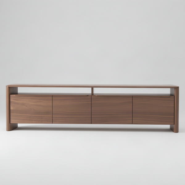 A modern wooden media console with a walnut finish, featuring four front-facing drawers, an open shelf, and a top surface, shown against a plain white background.