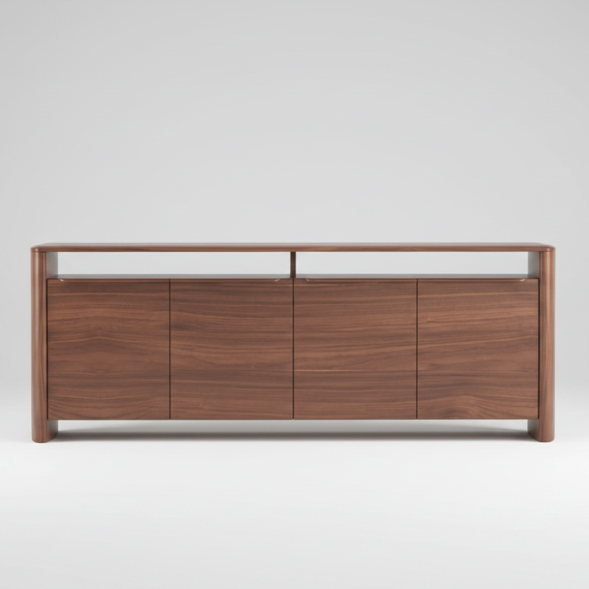 A modern wooden sideboard or media console with a walnut finish, featuring four cabinet doors, open shelving, and a floating top, shown against a plain white background.