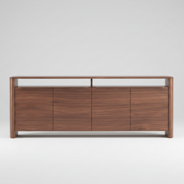 A modern wooden sideboard or media console with a walnut finish, featuring four cabinet doors, open shelving, and a floating top, shown against a plain white background.