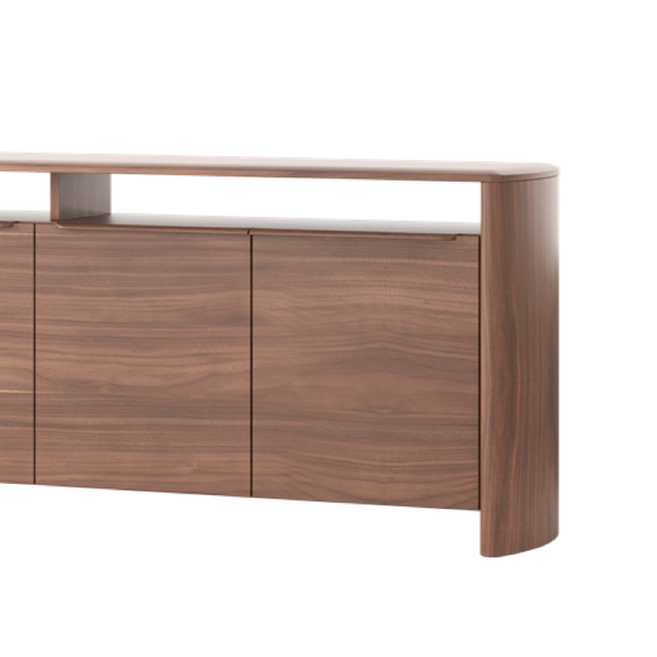 A modern wooden sideboard or credenza with a warm walnut finish, featuring four cabinet doors, open shelving compartments, and a curved outer frame, shown on a plain white background.
