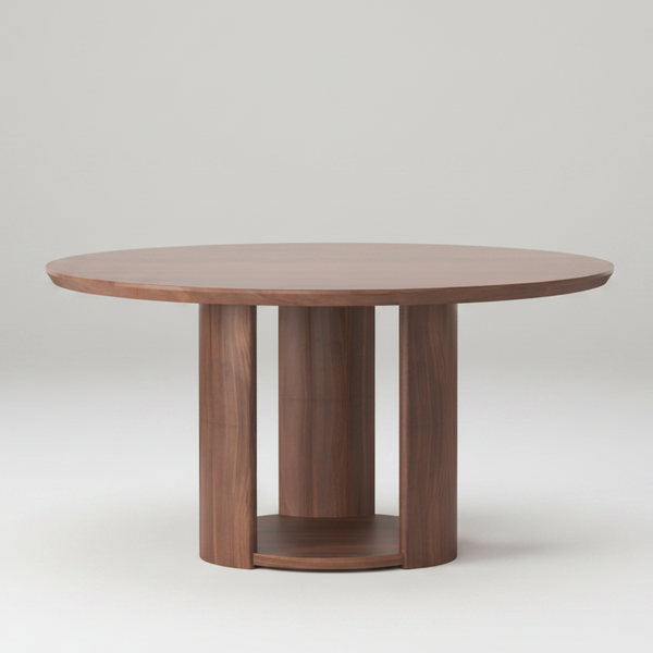 A round wooden dining table with a medium brown wood grain finish, featuring three cylindrical pedestal legs and a lower open shelf, shown on a solid white background.
