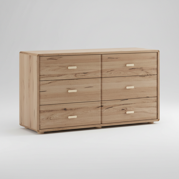 A light oak wood six-drawer dresser with a natural grain pattern and simple white pull handles, shown on a solid white background.