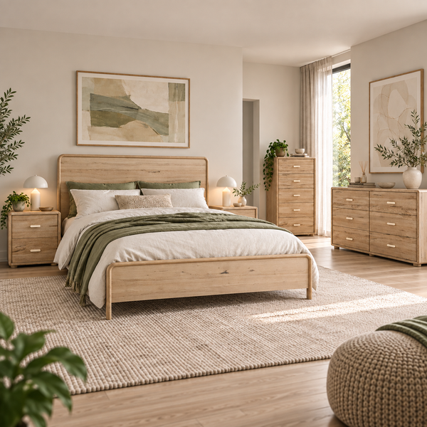 A staged bedroom featuring a light natural wood bed frame, matching nightstands, dresser, and chest, arranged around a woven rug on a light wood floor. The room has neutral beige walls, large windows with sheer curtains, and framed abstract wall art.