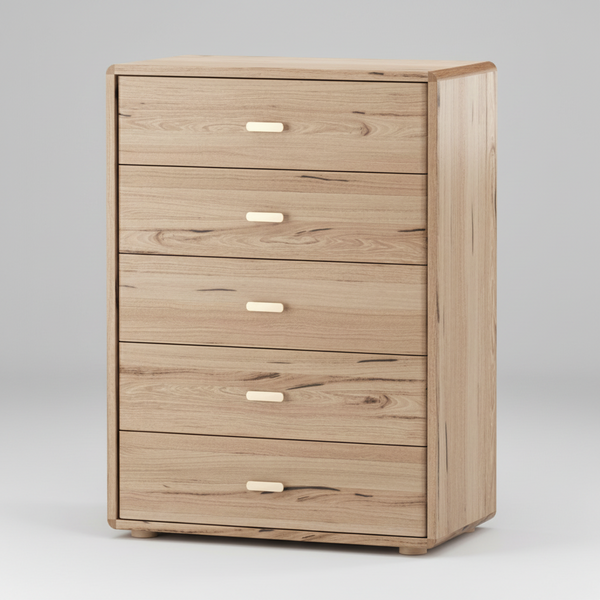A light oak wood five-drawer chest with a natural grain finish and small cream-colored rectangular drawer pulls, shown on a solid white background.