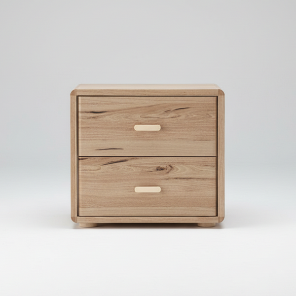 A two-drawer wooden nightstand with a light oak finish and minimalist cream-colored pull handles, shown from a three-quarter angle on a white background.