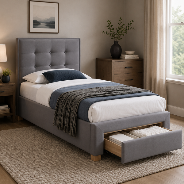 Milo Single Bed with Drawers Grey Fabric Single Bed Tufted Button Head Board Lifestyle