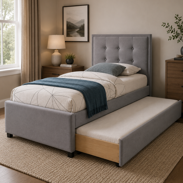 Milo Single Bed with Drawers Grey Fabric Single Trundle Bed Tufted Button Head Board Lifestyle