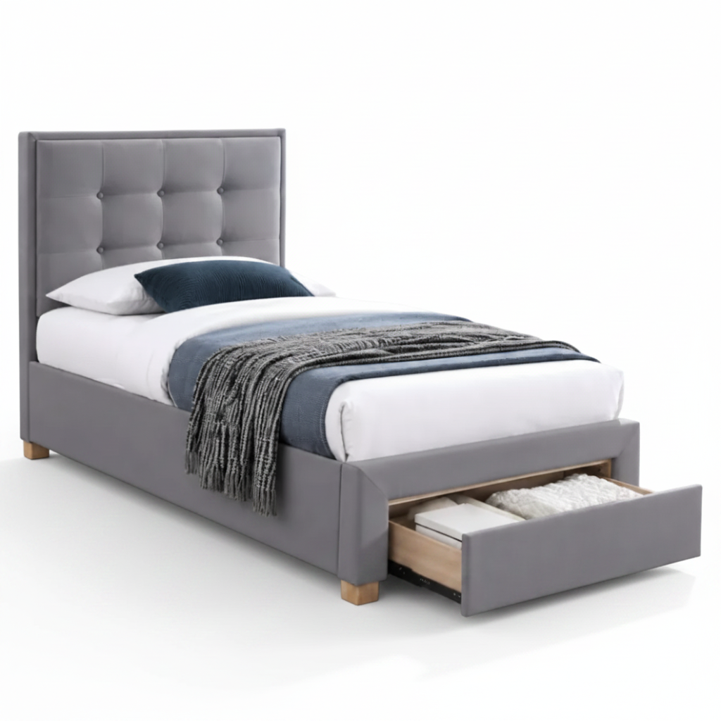 Milo Single Bed with Drawers Grey Fabric Single Bed Tufted Button Head Board
