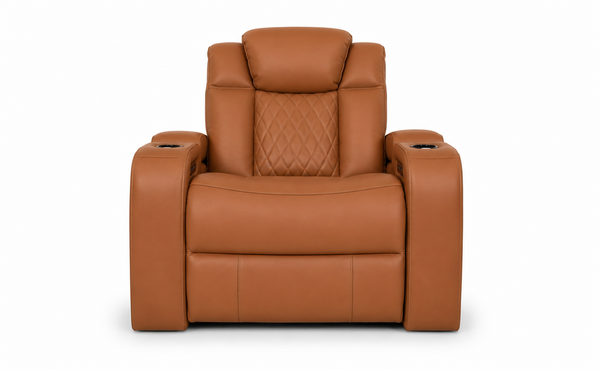 Tan electric recliner sofa front view with headrest and padded armrests