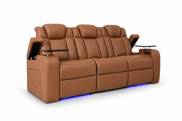 A brown leather home theater sofa with multiple reclining seats, built-in side tables, and blue LED underglow, shown on a white background.