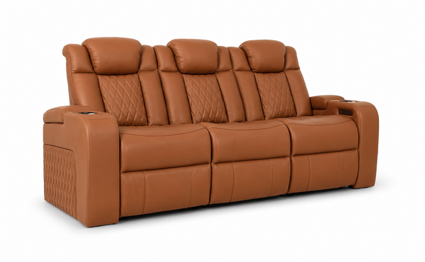 A brown leather reclining sofa with multiple padded headrests, quilted backrest panels, and side cup holders, shown on a plain white background.