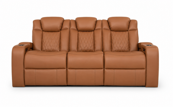 A three-seat home theater recliner sofa in tan leather with quilted diamond-patterned backrests and padded headrests, shown against a plain white background.