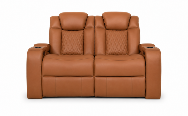 A two-seat recliner sofa in tan leather with diamond-quilted headrests and side cup holders, shown against a plain white background.