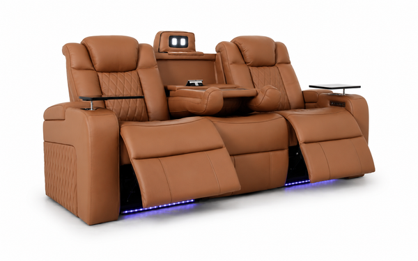 A luxury home theater seating system with three brown leather reclining seats, a central console table, side tables, and blue LED underglow, shown on a white background.