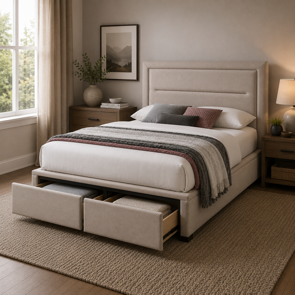 Norah Gas Lift Bed with Drawers Beige Fabric Queen or King Size Lifestyle