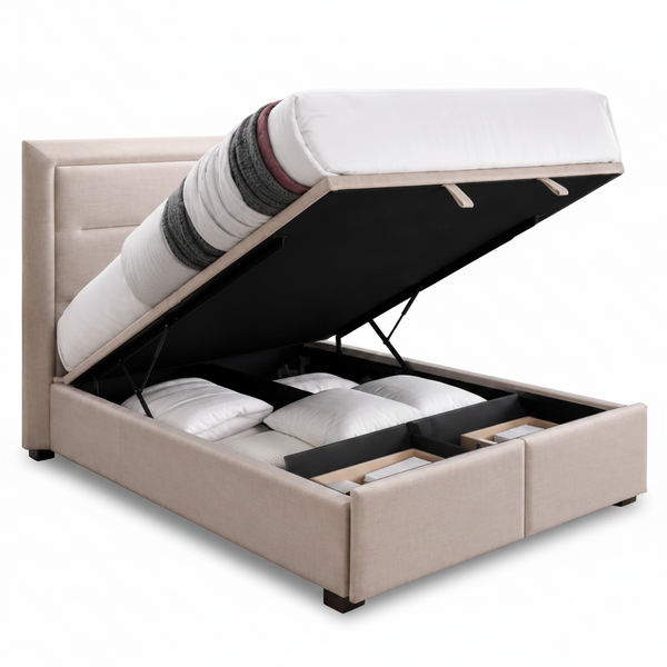 Norah Gas Lift Bed with Drawers Beige Fabric Queen or King Size Bed in Open Position