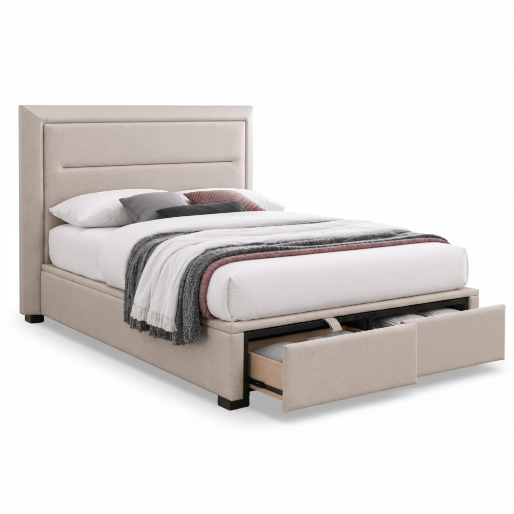 Norah Gas Lift Bed with Drawers Beige Fabric Queen or King Size
