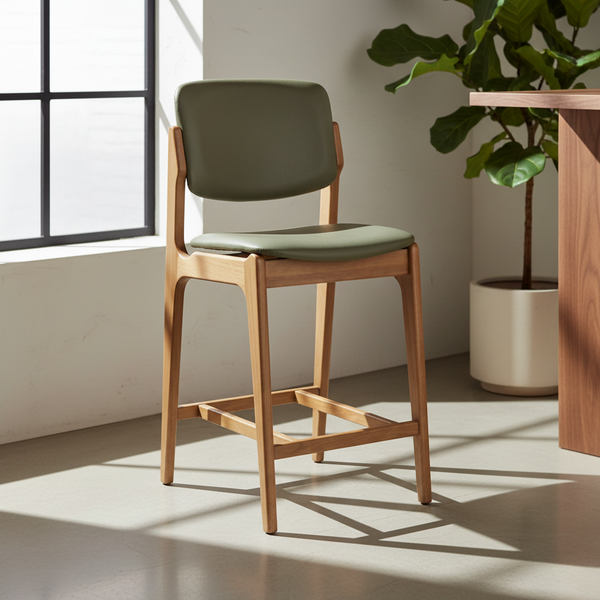 Olivia Bar Stool Natural Frame Wood Sage Leather Scandinavian Retro Design Front Angle lifestyle