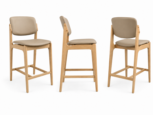 Olivia : Bar Stool in Natural Wood Beige Leather