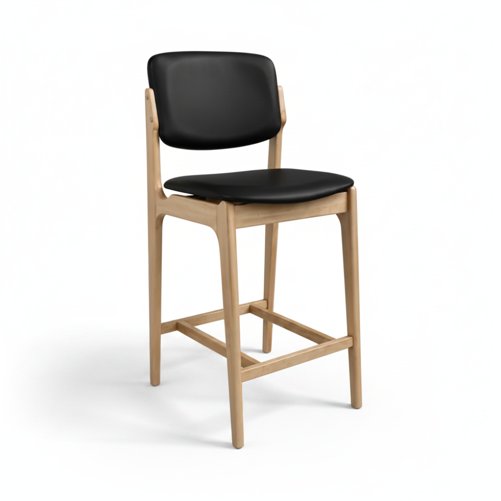 Olivia Bar Stool Natural Frame Wood Black Leather Scandinavian Retro Design Front Angle