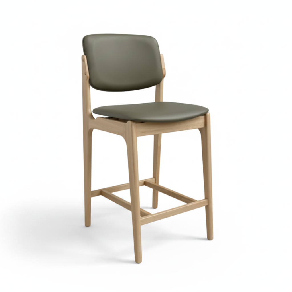 Olivia Bar Stool Natural Frame Wood Sage Leather Scandinavian Retro Design Front Angle