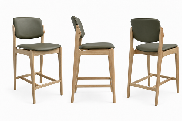 Olivia : Bar Stool in Natural Wood Sage Leather
