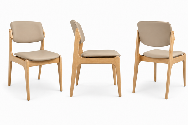 Olivia : Dining Chair in Natural Wood Beige Leather