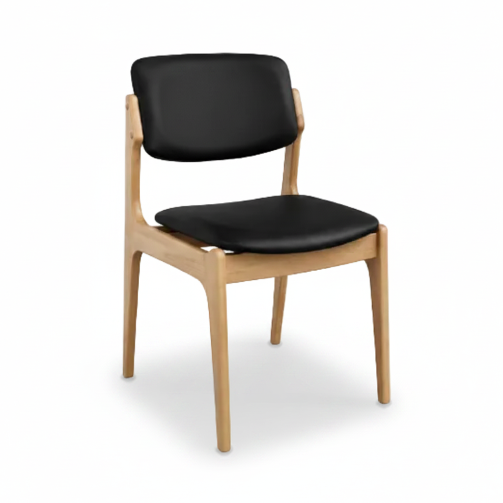 Olivia Dining Chair Natural Frame Wood Black Leather Scandinavian Retro Design Front Angle