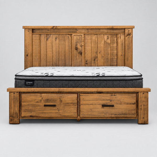 A rustic wooden bed frame with a slatted headboard and two storage drawers underneath, shown with a mattress on top against a light gray studio background.