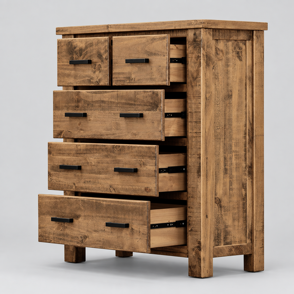 A rustic five-drawer wooden dresser with a weathered brown finish and black metal handles, shown on a light gray studio background.