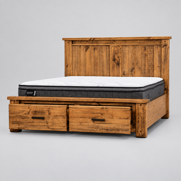A rustic wooden bed frame with a tall slatted headboard and two storage drawers underneath, shown with a mattress on a clean white background.