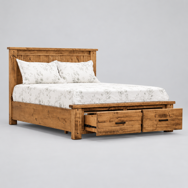 A rustic brown wooden bed frame with an integrated storage drawer underneath, styled with a white floral-patterned sheet and two matching pillows, set against a plain white background.