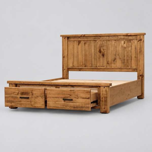 A rustic wooden bed frame with a tall slatted headboard and built-in storage drawers underneath, shown on a plain white background.